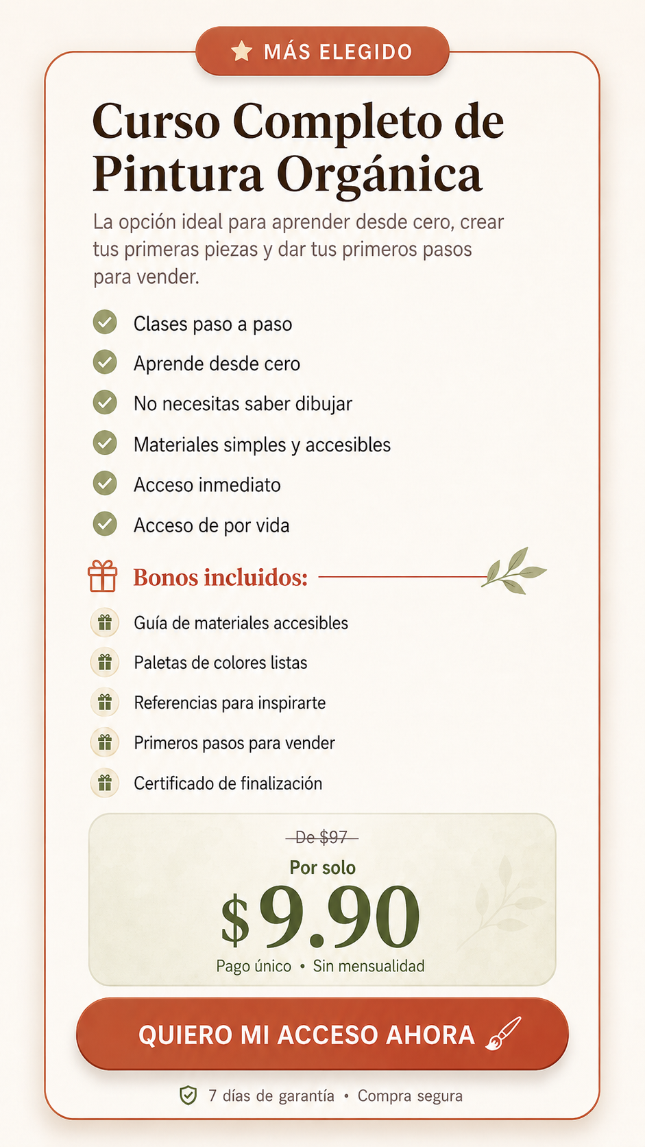 Oferta del Curso Completo de Pintura Orgánica por $9.90 con bonos incluidos y garantía de 7 días